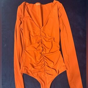 A&F Orange Long Sleeve Ruched Bodysuit